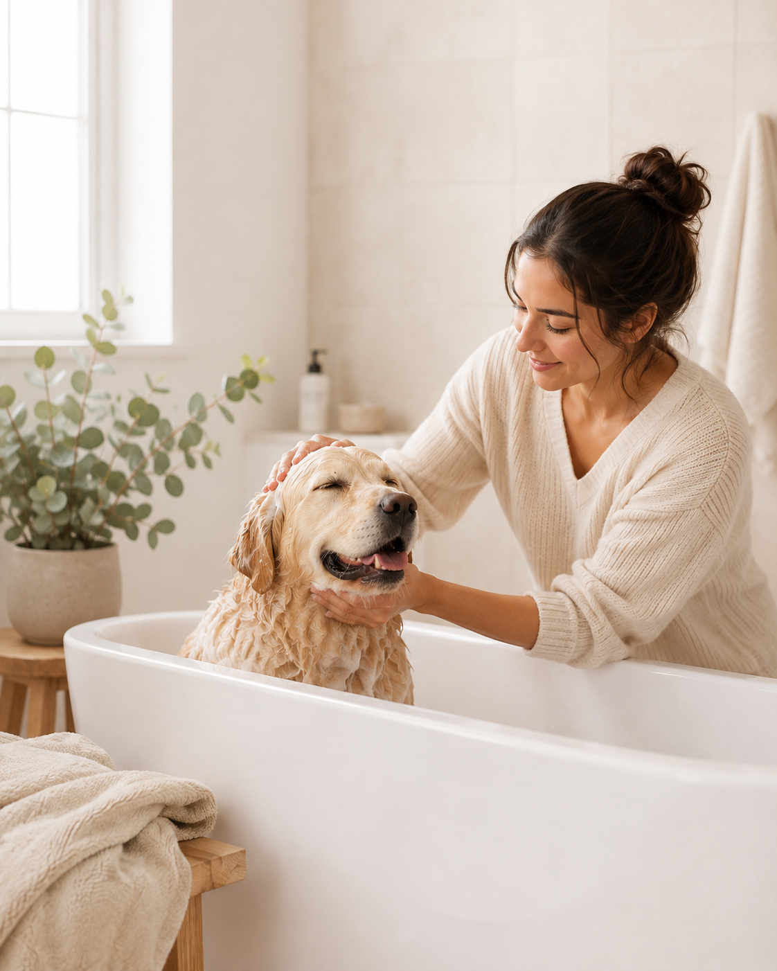 Dog owner calmly bathing a dog